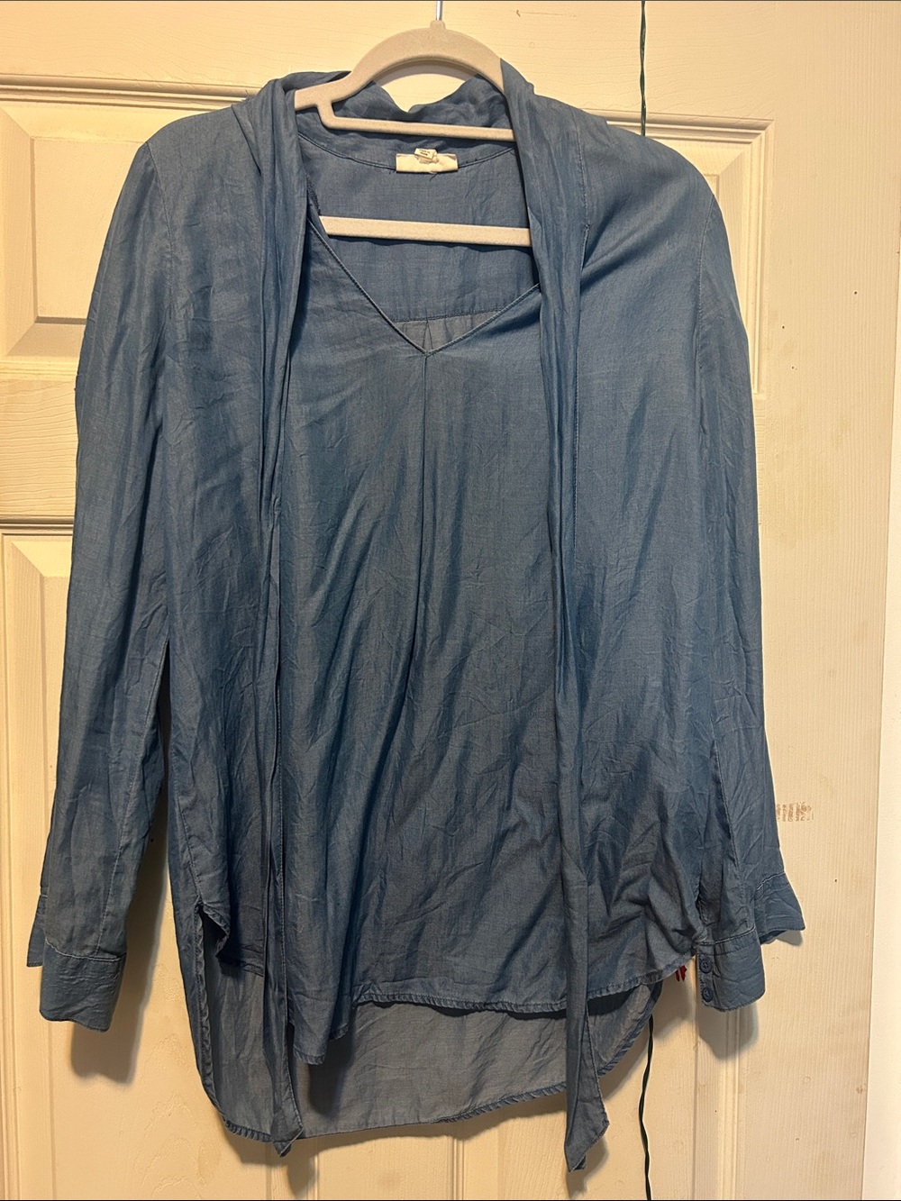 Maison Jules Blue V-Neck Lightweight Blouse with Scarf Tie